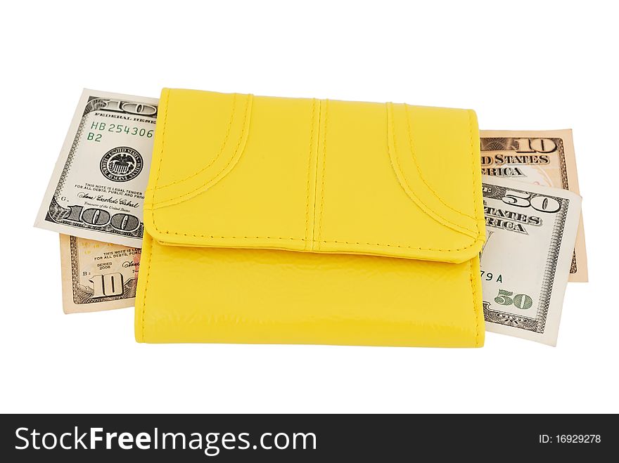 Yellow leather purse on a white background