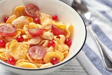 Corn Flakes With Berries On Table. Healthy Breakfast Royalty Free Stock Image