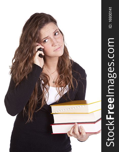 Business woman with books and phone