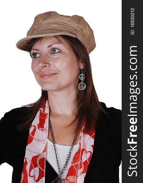 An middle aged woman in an black sweater and a beige hat and red 
scarf standing in the studio, smiling, for a portrait for white background. An middle aged woman in an black sweater and a beige hat and red 
scarf standing in the studio, smiling, for a portrait for white background.