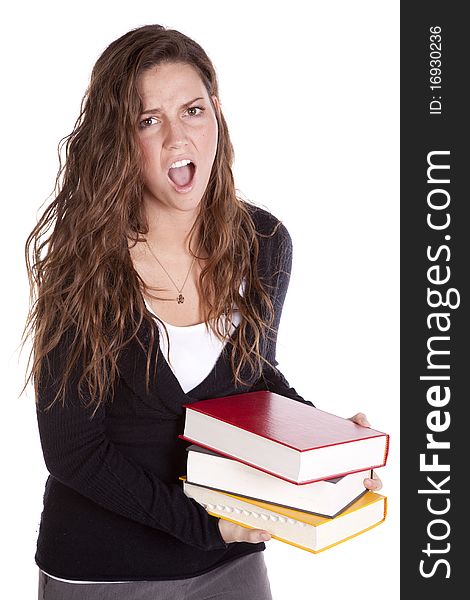A woman is holding a stack of books and screaming. A woman is holding a stack of books and screaming.