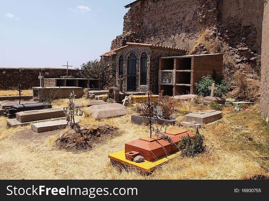 Old cemetery in small village near lake Titicaca