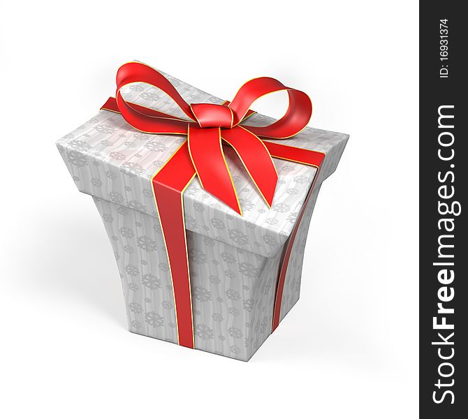 A computer generated image of gift box with a red ribbon in cartoon style.