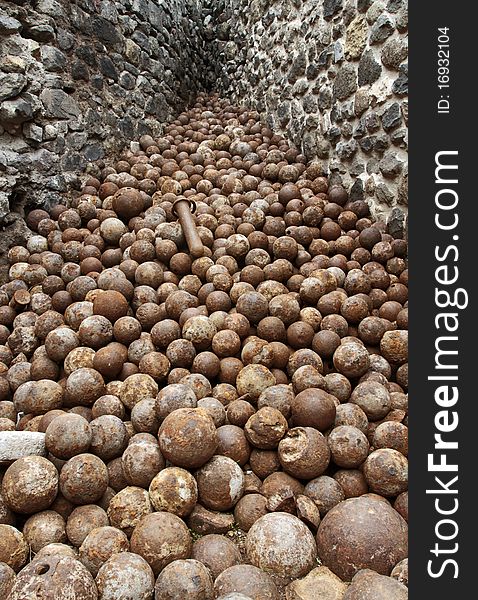 Thousands cannon balls lying on the corner of a fort. Thousands cannon balls lying on the corner of a fort