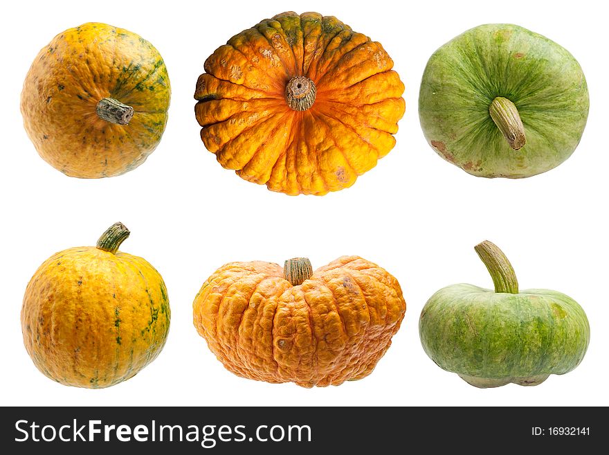 Miscellaneous pumpkins isolated on white background. Both pumpkins are ecological and natural, grew in rural garden. Miscellaneous pumpkins isolated on white background. Both pumpkins are ecological and natural, grew in rural garden.