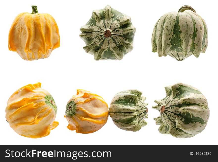 Miscellaneous pumpkins isolated on white background. Both pumpkins are ecological and natural, grew in rural garden. Miscellaneous pumpkins isolated on white background. Both pumpkins are ecological and natural, grew in rural garden.