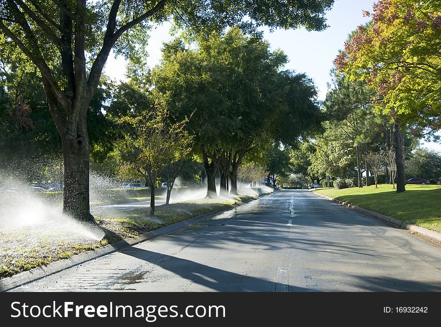 Boulevard with irrigation activated and over spraying the street