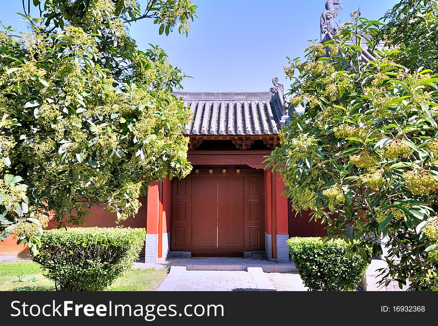 Chinese temple door covered by green trees