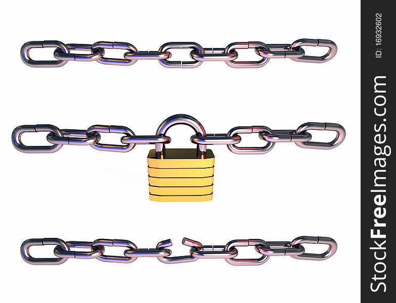 Computer-generated 3-D illustration depicting a chain, a chain with padlock, and a broken chain. Computer-generated 3-D illustration depicting a chain, a chain with padlock, and a broken chain