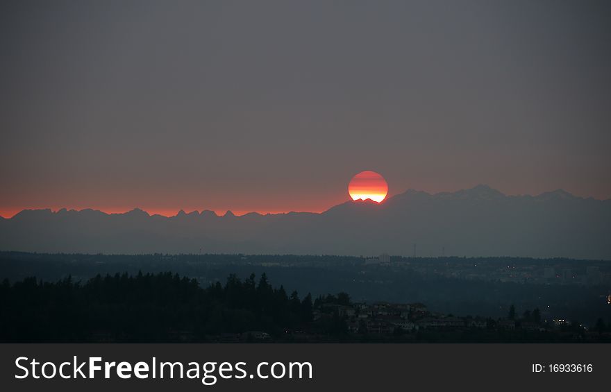 Sunset over the Olympic Mountains, Tacoma and Puget Sound. Sunset over the Olympic Mountains, Tacoma and Puget Sound