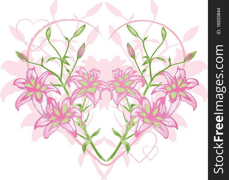 Grunge Heart Shaped Lily and Design Elements. Grunge Heart Shaped Lily and Design Elements