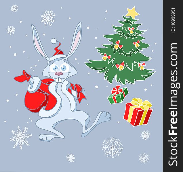 Vector christmas illustration of a funny cartoon rabbit carrying a bag of present on his shoulder. Vector christmas illustration of a funny cartoon rabbit carrying a bag of present on his shoulder