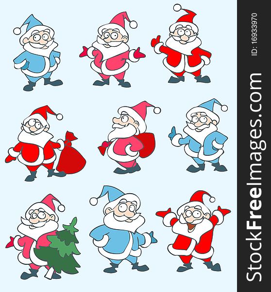 Set of vector christmas illustrations depicting Santa Clause in various figures