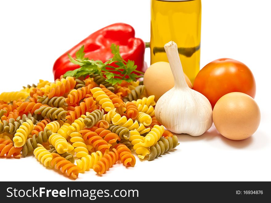 Ingredients for spaghetti. Isolated on white. Ingredients for spaghetti. Isolated on white