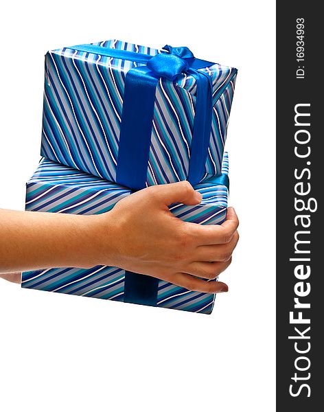 Two blue gifts boxes in man's hands. Isolated on white. Two blue gifts boxes in man's hands. Isolated on white