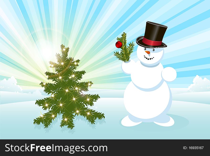 Illustration, snowman with ball on blue background