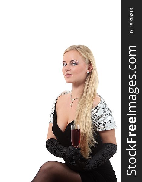 Luxuriously young blond woman drink wine. Luxuriously young blond woman drink wine