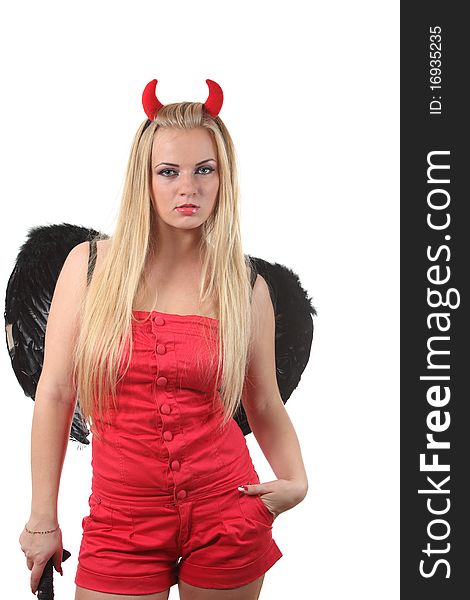 Young blond woman in a costume of red devil