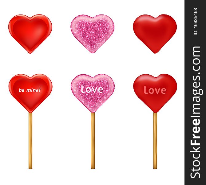 6 Heart Shape Lollipops, Isolated On White Background, Vector Illustration. 6 Heart Shape Lollipops, Isolated On White Background, Vector Illustration