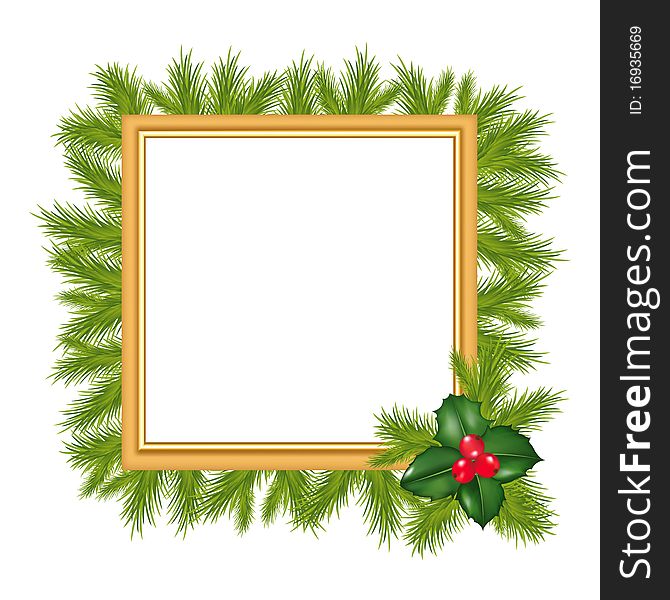 Framework For Photo With Holly Berry And Fur-tree Branches, Isolated On White Background, Vector Illustration. Framework For Photo With Holly Berry And Fur-tree Branches, Isolated On White Background, Vector Illustration