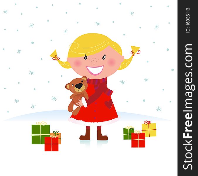 Cute girl in red christmas costume. Vector Illustration. Cute girl in red christmas costume. Vector Illustration.