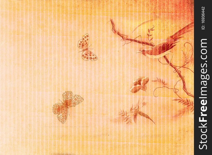 Decorative Background With Bird And Butterfly