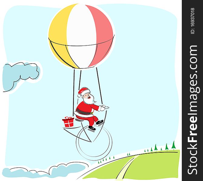 Illustration of merry christmas card with santa flying in parachute