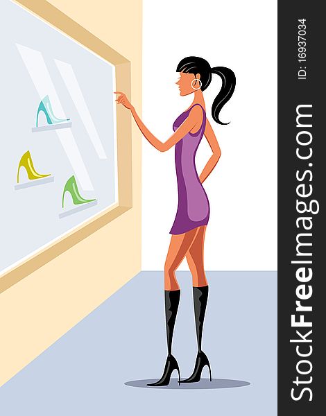 Illustration of lady looking at footwear. Illustration of lady looking at footwear