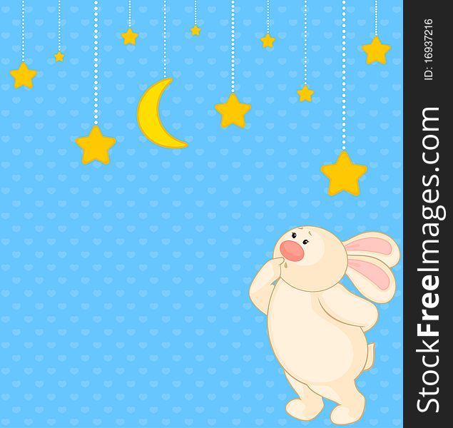 cartoon little toy bunny with stars illustration for a design