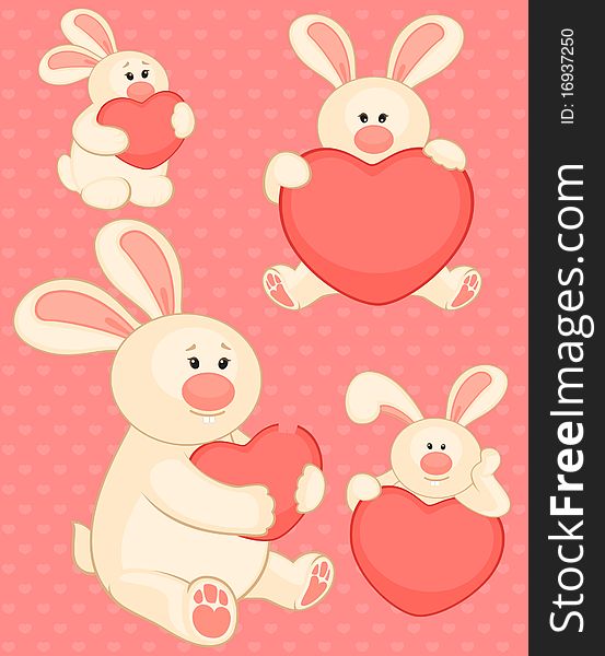 Cartoon little toy bunny with heart illustration for a design