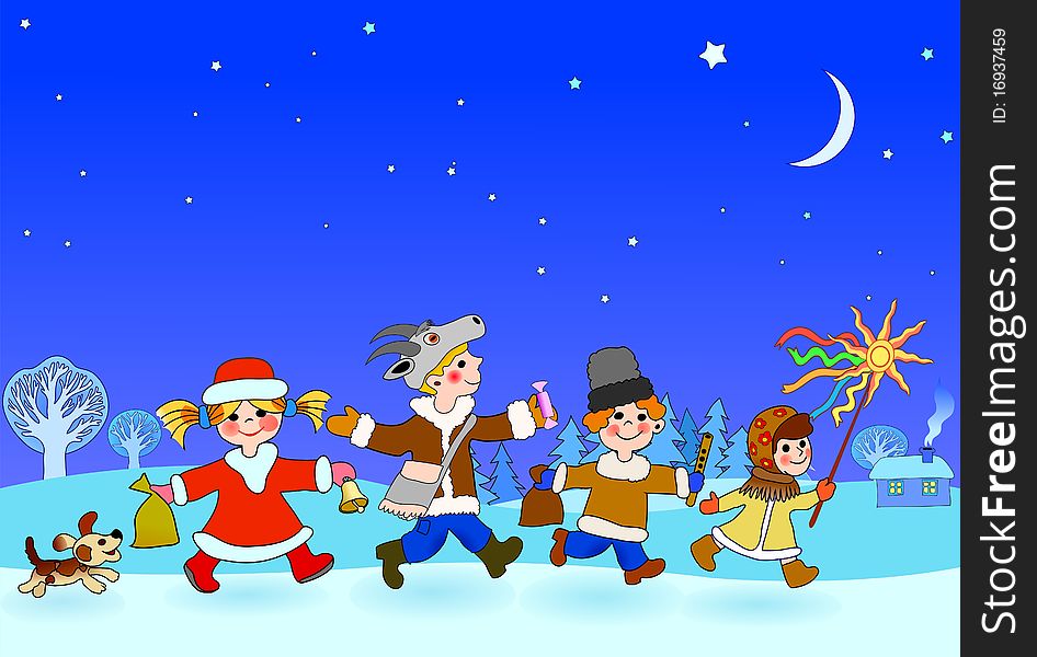 Kids going a-shroving in christmas evening, vector illustration. Kids going a-shroving in christmas evening, vector illustration