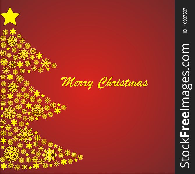 Yellow  christmas tree on red background. Vector illustration.
