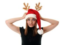 Beautiful Girl In Red Hat Santa And Golden Branch Royalty Free Stock Photo Beautiful Girl In Red Hat Santa And Golden Branch Royalty Free Stock Photo