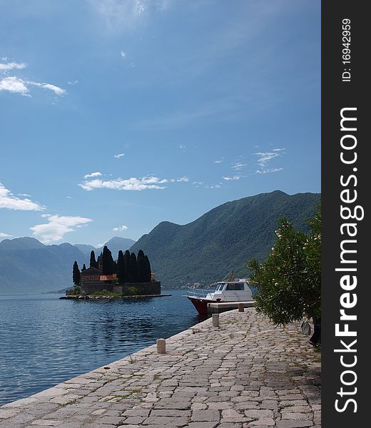 The island of Saint George seen from the Island of Our Lady of the Rocks, Perast, Montenegro. The island of Saint George seen from the Island of Our Lady of the Rocks, Perast, Montenegro