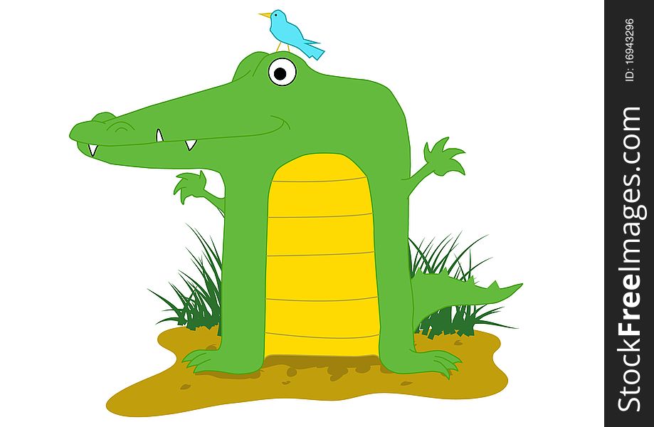 A  illustration of a cartoon croc with a bird on its head. Eps(v8). A  illustration of a cartoon croc with a bird on its head. Eps(v8)