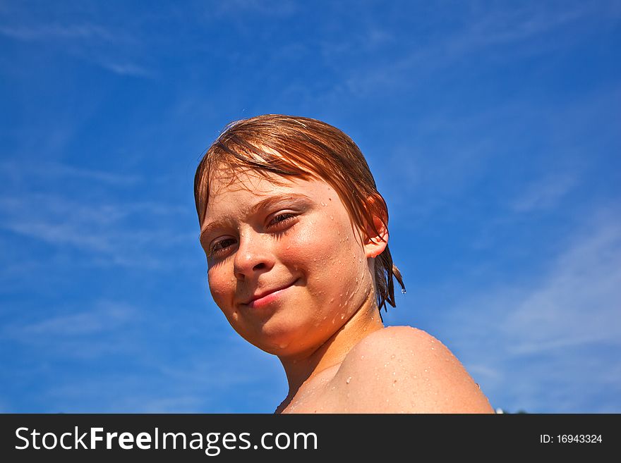 Portrait of child at the pool with wet hair. Portrait of child at the pool with wet hair