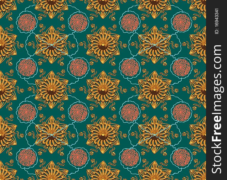 Gold Star Flower Pink and Green Seamless Pattern. Gold Star Flower Pink and Green Seamless Pattern