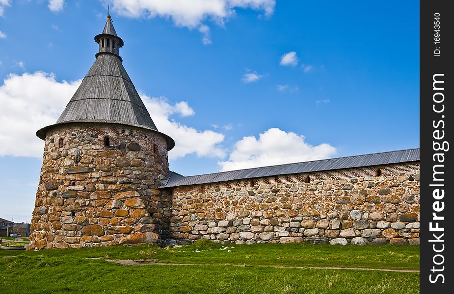 Tower and wall of Solovetsky Orthodox monastery, Solovki island, White Sea, Northern Russia.