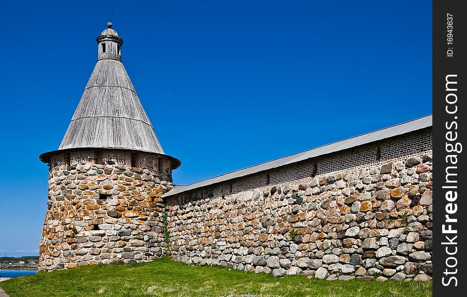 Tower and wall of Solovetsky Orthodox monastery, Solovki island, White Sea, Northern Russia.