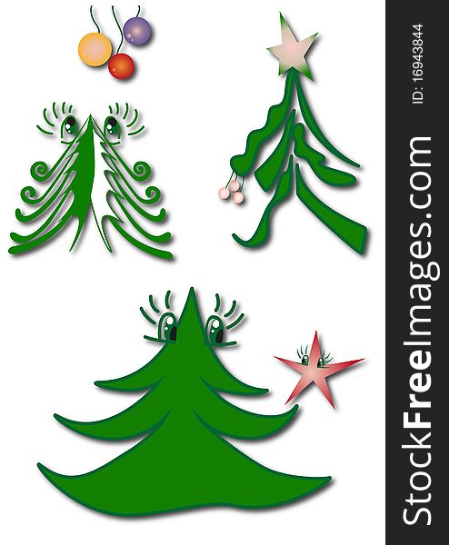 Fantasy christmas tree looks at toy, funny christmas illustration with star, running christmas fir with toys. Fantasy christmas tree looks at toy, funny christmas illustration with star, running christmas fir with toys