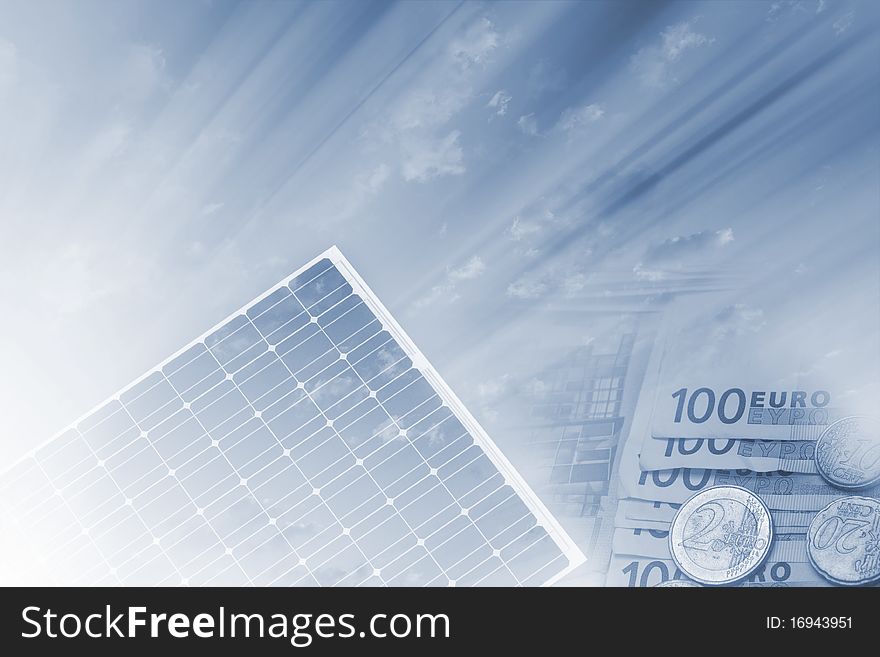 solar panel and euro money with dynamic background. solar panel and euro money with dynamic background
