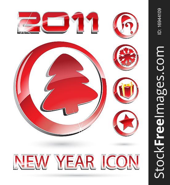 The  color image of New Year's icons in the form of buttons with use of a red and white background. The  color image of New Year's icons in the form of buttons with use of a red and white background