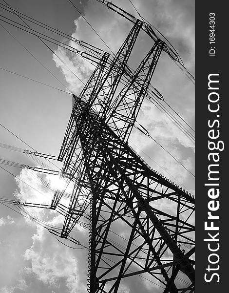 A High-Voltage Pylon in black and white. A High-Voltage Pylon in black and white