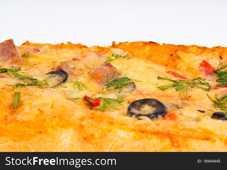 Closeup picture of pizza with meat and olives