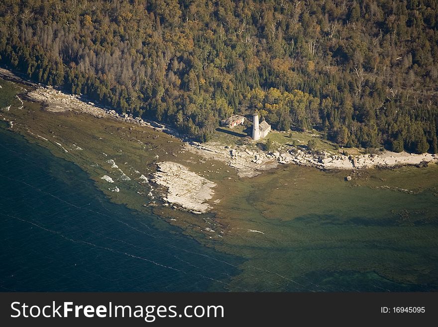 Aerial view of the old poverty island lighthouse michigan USA