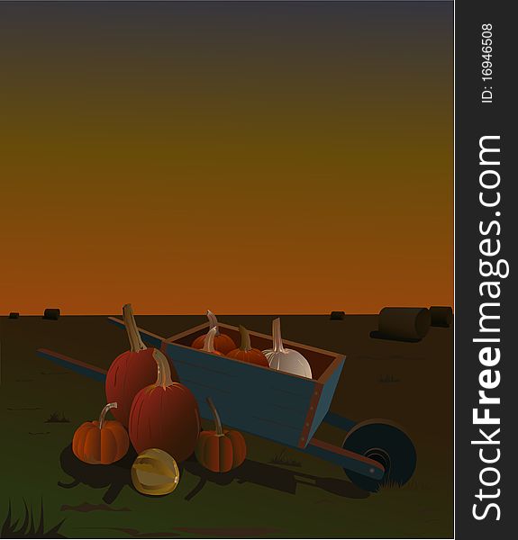 Illustration of many harvested autumn pumpkins illuminated for an old oil lamp in a hay field at night. Illustration of many harvested autumn pumpkins illuminated for an old oil lamp in a hay field at night.