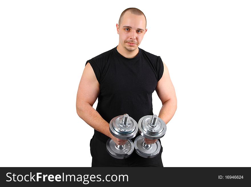 Young caucasian man with barbells isolated on white background. Young caucasian man with barbells isolated on white background