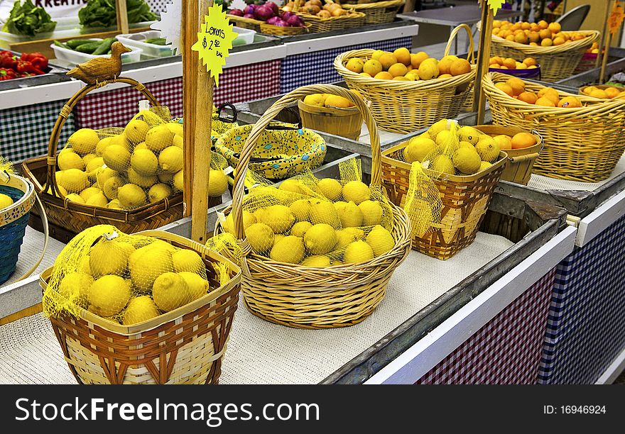 Baskets of fruit at a market. Baskets of fruit at a market