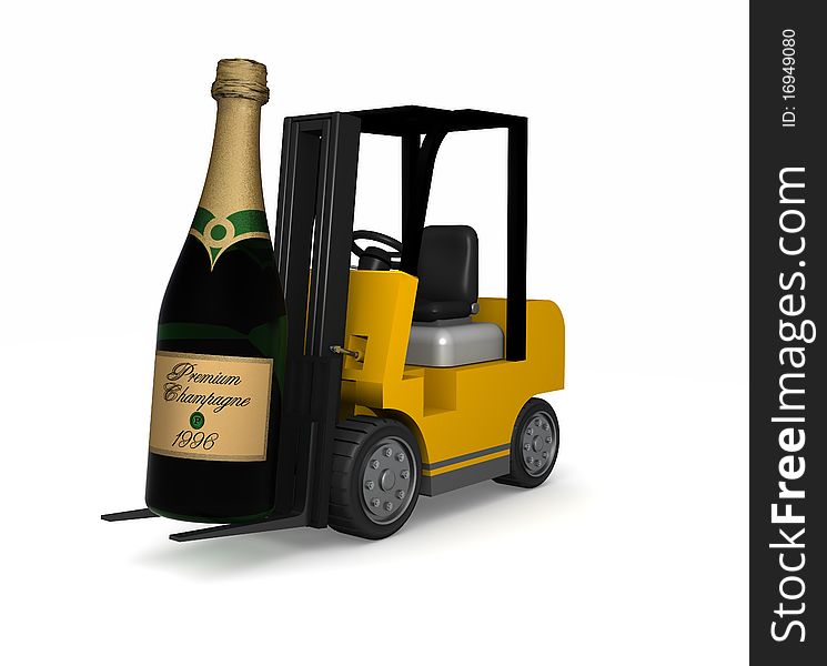 The delivery of one major bottle of Champagne by a forklift truck isolated on white. The delivery of one major bottle of Champagne by a forklift truck isolated on white