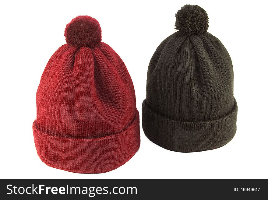 Wool knit hat red and black on a white background. Wool knit hat red and black on a white background